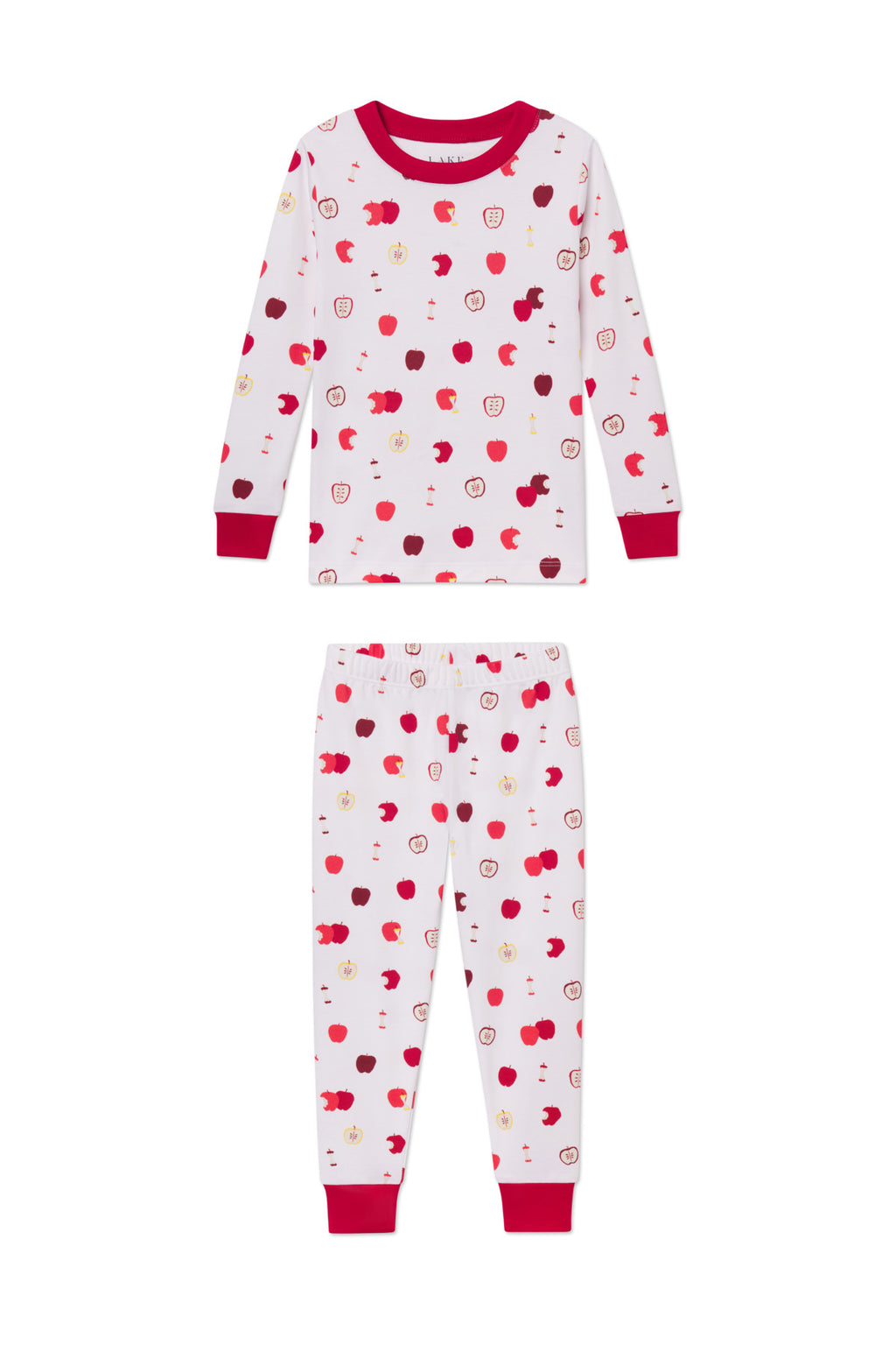 Kids Long-Long Set in Apple Orchard: A soft Pima cotton two-piece pajama set in light pink with red cuffs and collar, featuring a cute apple orchard print with small red apples and cherries.