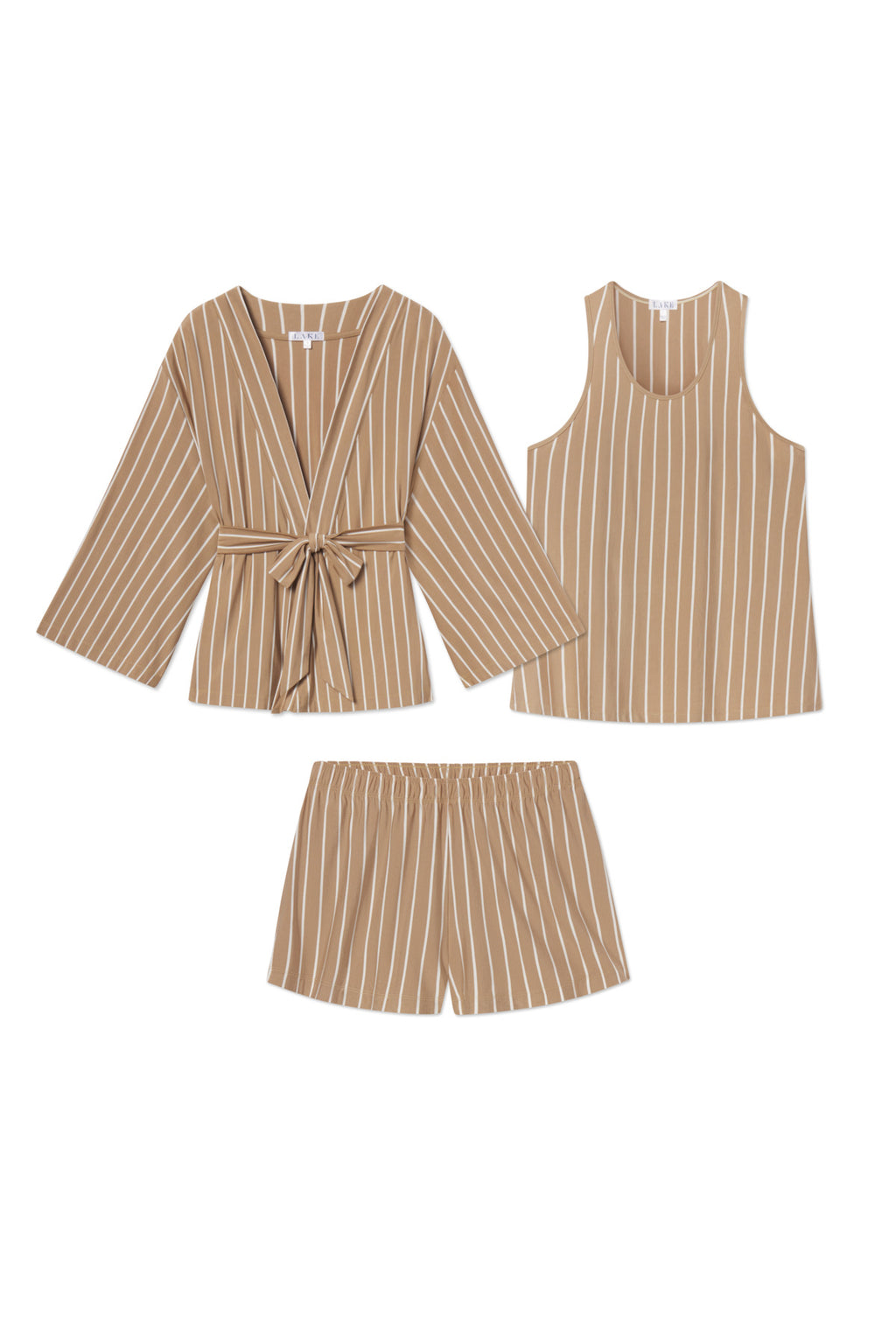 The DreamModal Kimono Shorts Bundle in Sandstone Vertical Stripe includes a long-sleeve tie-front top, sleeveless tank, and elastic-waist shorts—three lounge essentials shown flat on a white background.