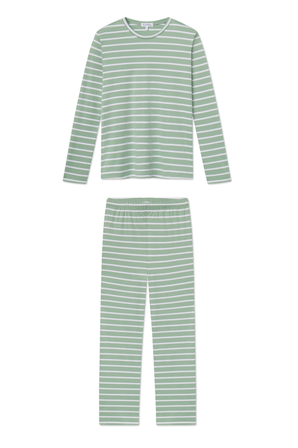 The Pima Crew Long-Long Set in Granite Green Anchor Stripe is a soft Pima cotton pajama set with a long-sleeve crewneck top and high-waisted pants in light green and white stripes, shown on a white background.