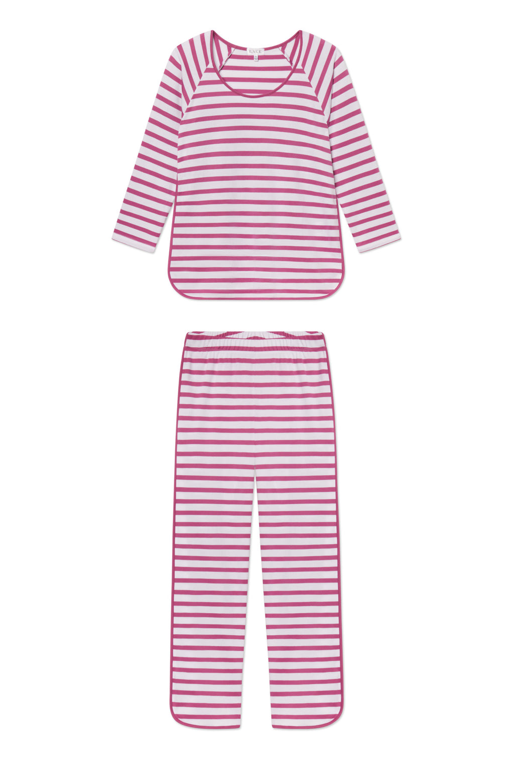 The Pima Long-Long Set in Camellia Stripe features a long-sleeve top with a rounded neckline and comfy pants with an elastic waistband, all crafted from soft Pima cotton.