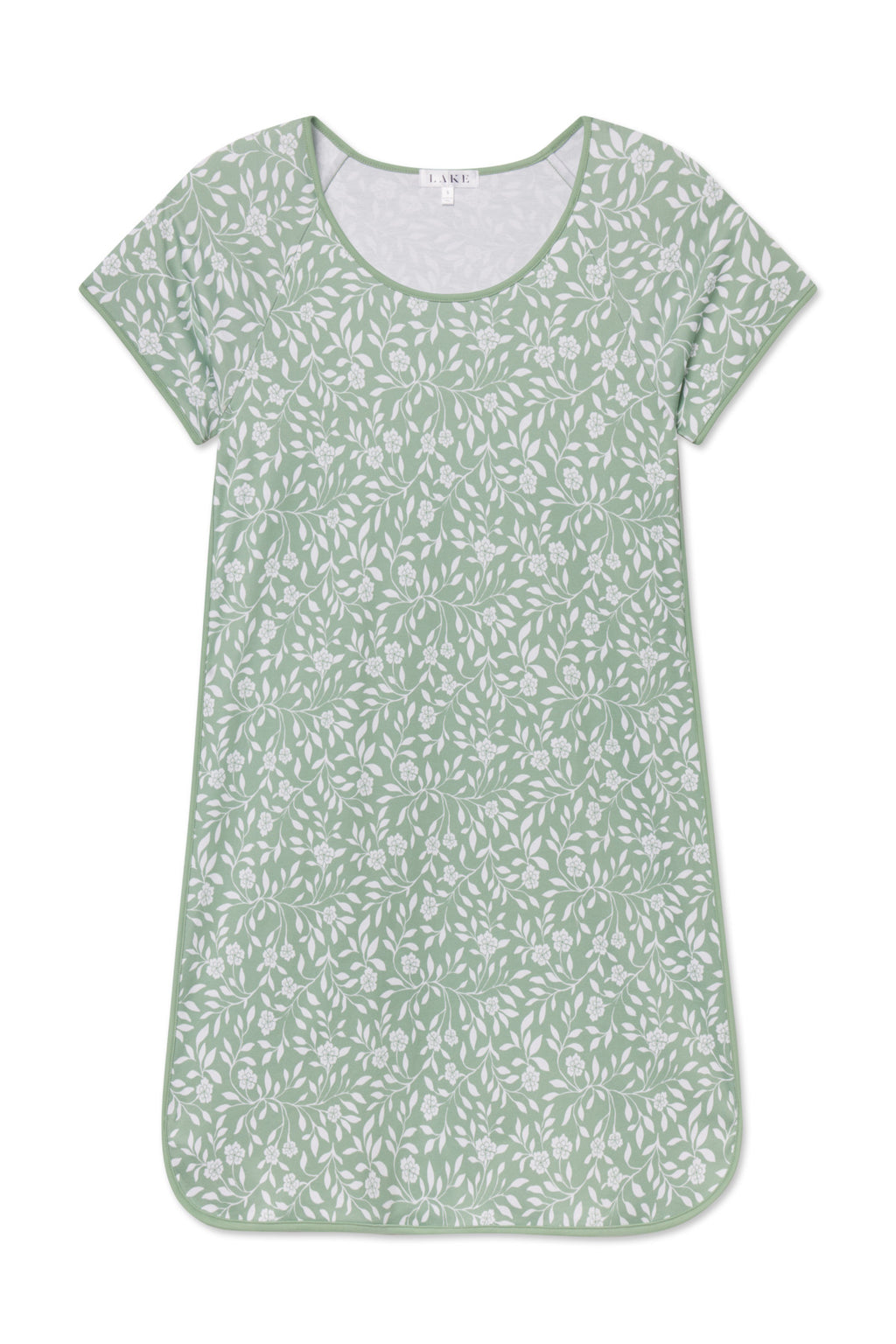 The Pima Nightgown in Granite Green Cecil Floral features short sleeves, a rounded neckline, and a relaxed fit in 100% Pima cotton with a white floral and leafy pattern.