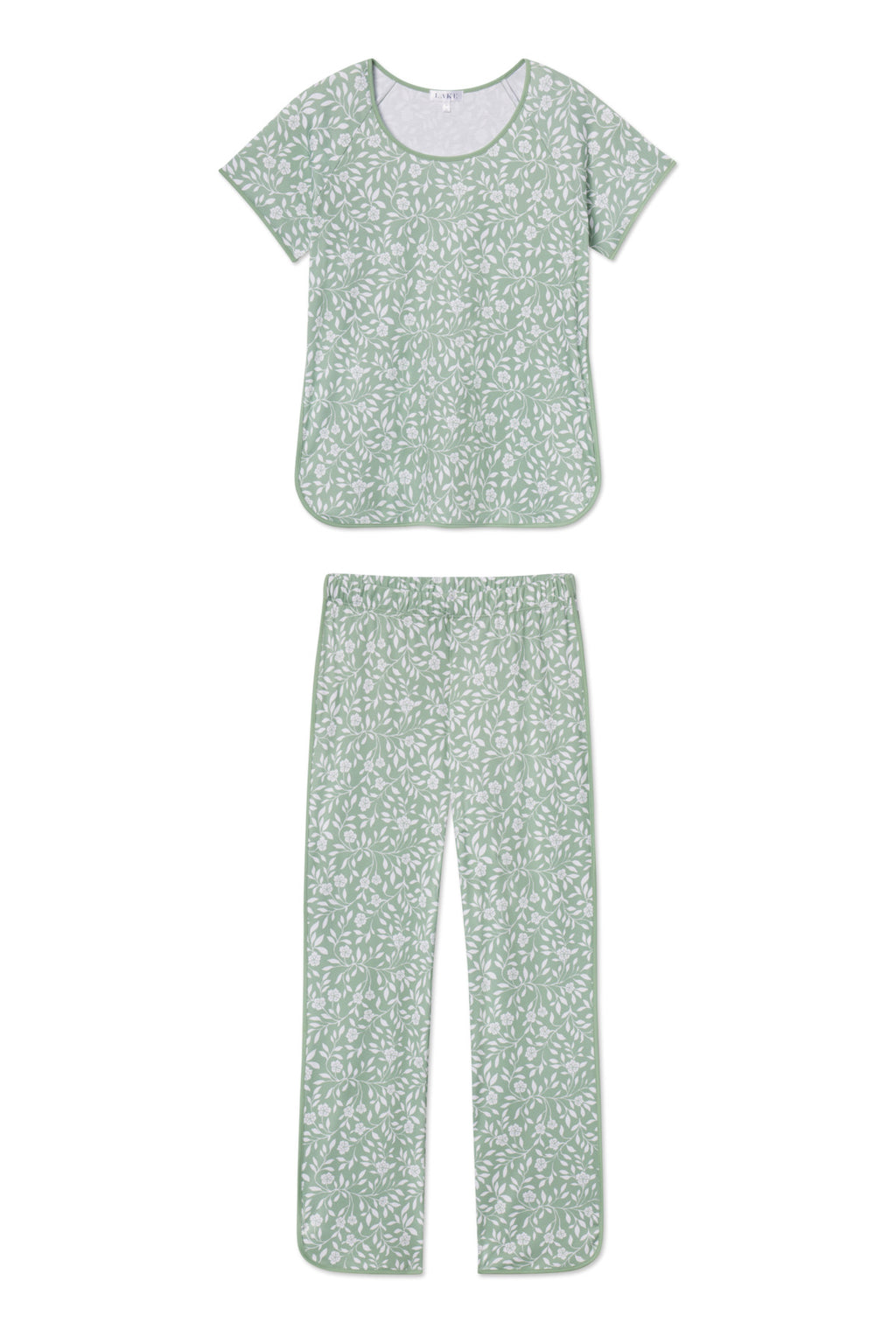 The Pima Short-Long Set in Granite Green Cecil Floral is a womens pajama set with a short-sleeve, round-neck top and long pants in soft Pima cotton, featuring a light green and white floral pattern.