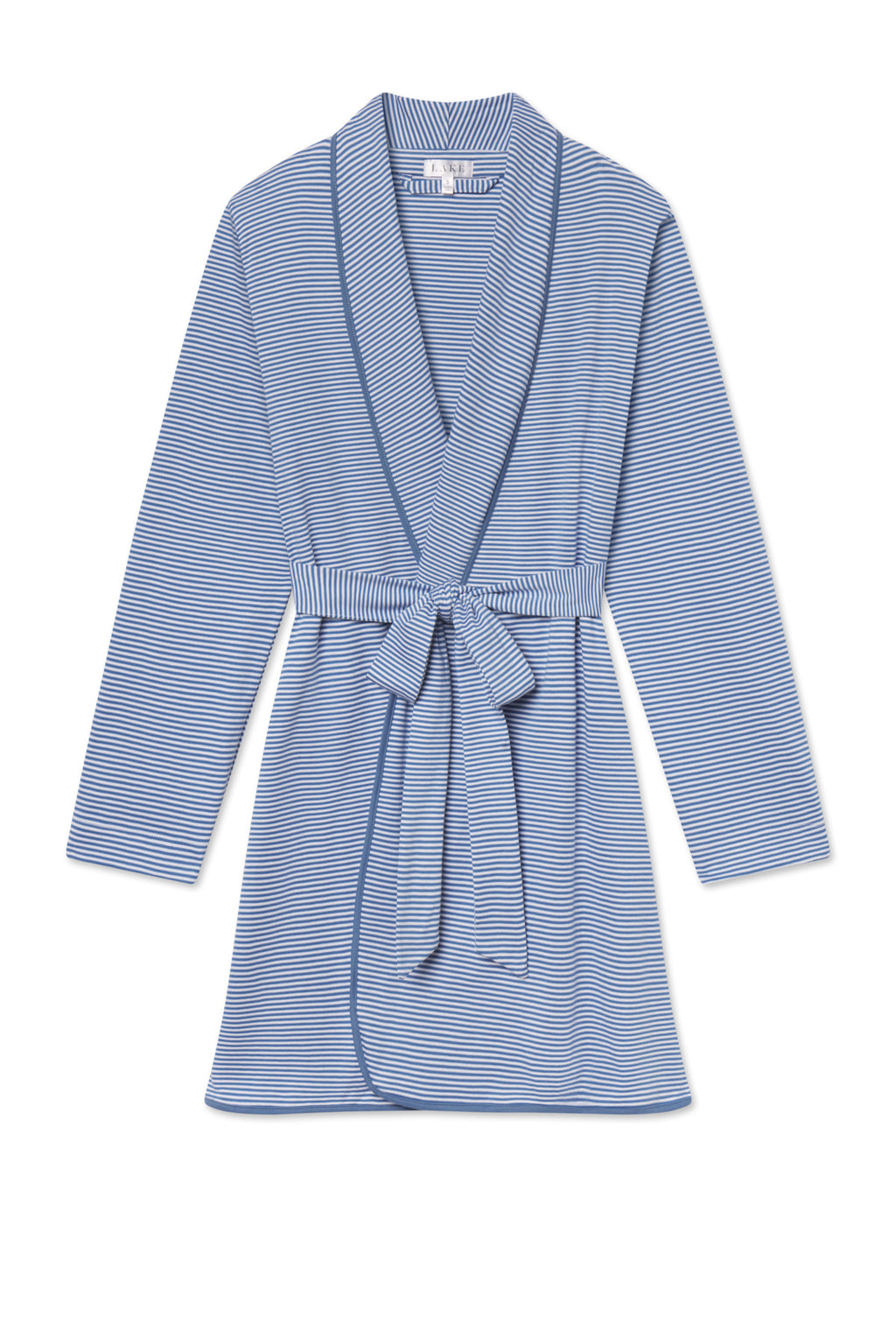The Pima Short Robe in Seaport Stripe features blue and white mini stripes, long sleeves, a shawl collar, and a matching fabric waist tie, shown flat against a white background.