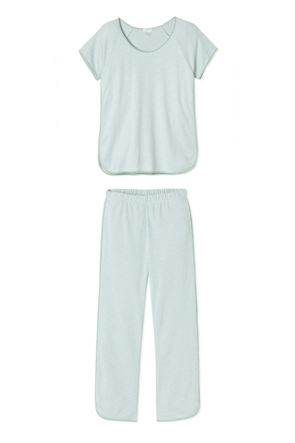 Pima Short-Long Set in Parisian Green: light Pima cotton pajama set with a short-sleeve, round-neck top and matching elastic-waist, wide-leg pants, shown on a white background.