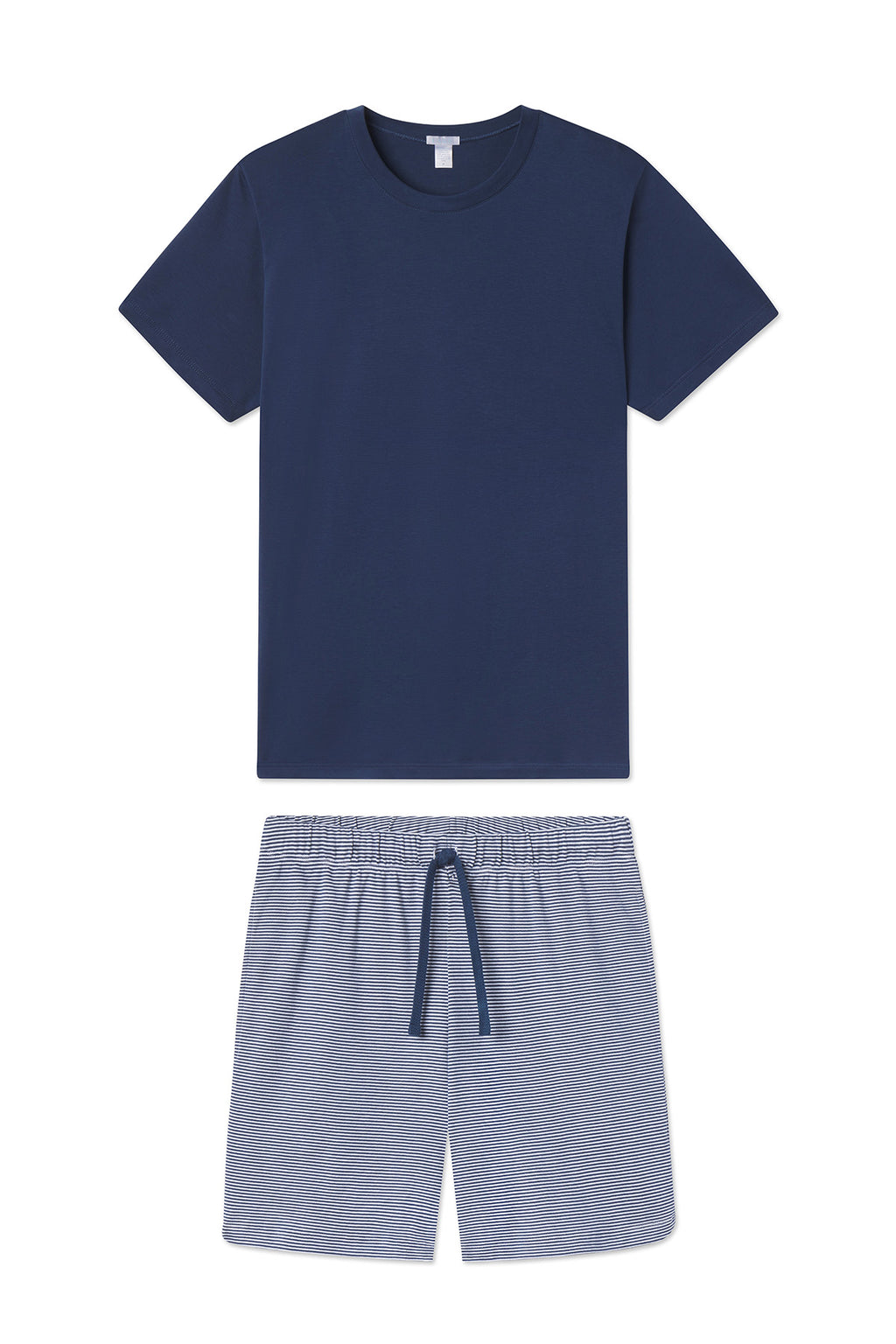 The Mens Pima Sleep Shorts Set in True Navy features a plain navy blue Pima cotton short-sleeve tee paired with light blue mens pajama shorts, both displayed flat on a white background.