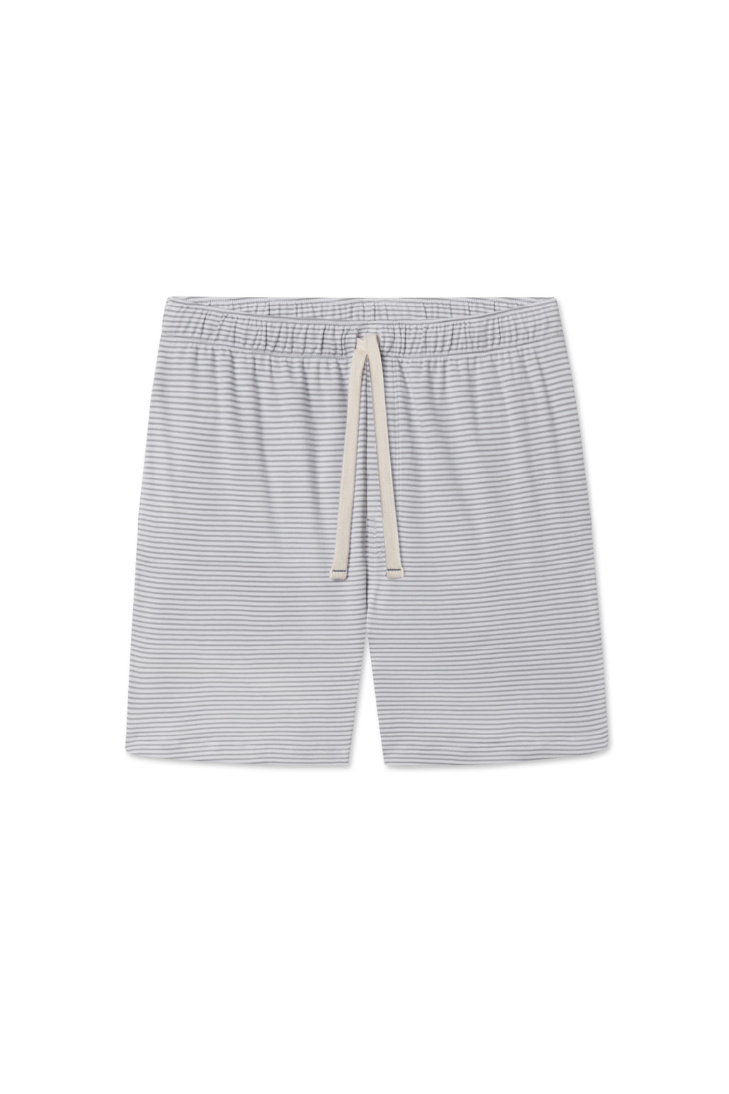 Mens Pima Sleep Shorts in Slate Bar Stripe, featuring thin white stripes, an elastic waistband, and a cream drawstring, made from 100% Pima cotton and shown flat on a white background.