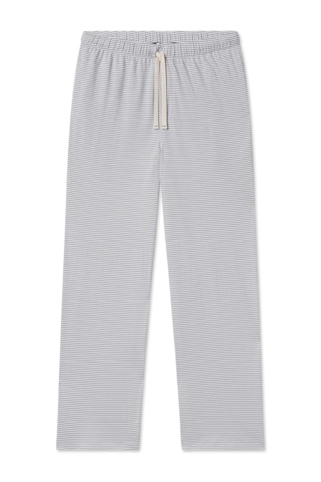 Mens Pima Sleep Pants in Slate Bar Stripe, crafted from 100% Pima cotton with subtle thin stripes, featuring an elastic waistband and cream drawstring, shown laid flat on a white background.