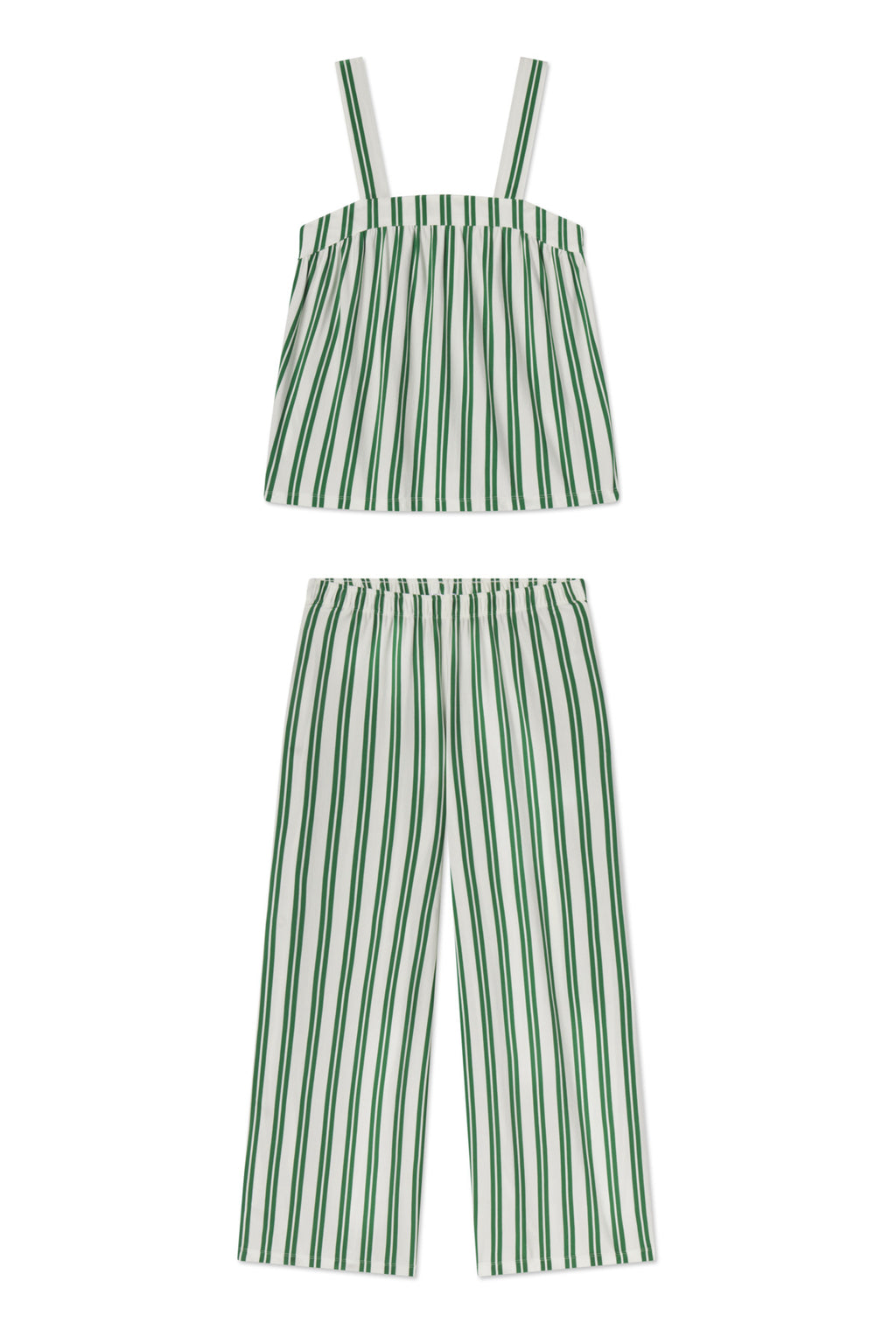 The DreamModal Daydream Pants Set in Palm Stripe features a sleeveless, wide-strap top and matching wide-leg pants with an elastic waistband, all made from soft DreamModal fabric. Shown laid flat on a white background.