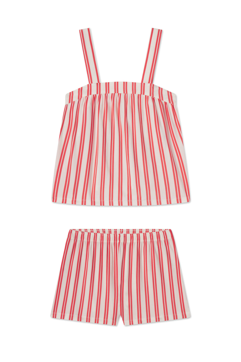 The DreamModal Daydream Shorts Set in Terrace Stripe features red and white vertical stripes, a sleeveless top with straps, and matching shorts with an elastic waistband, shown laid flat on a white background.