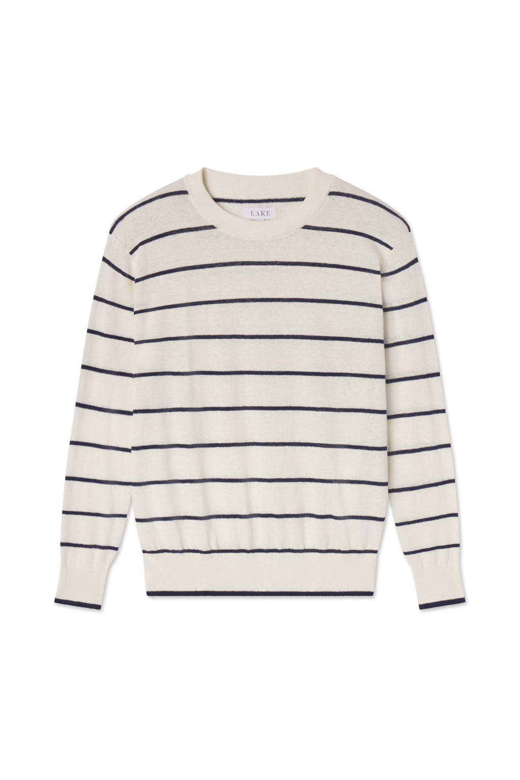 The Evaline Sweater in English Navy Fisherman features a cream crewneck design with thin, even navy stripes, crafted from a soft linen-cotton blend for comfort and style.