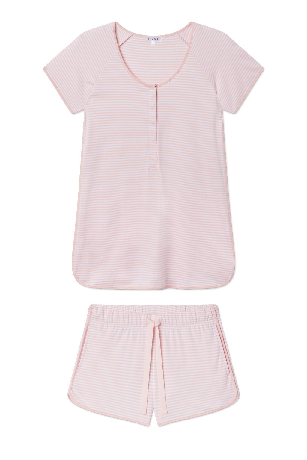 The Pima Maternity Shorts Set in English Rose Stripe features a matching short-sleeve, button-front sleep shirt and elastic-waist shorts in light pink with thin white stripes, shown laid flat on a white background.