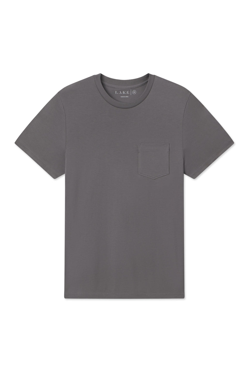 The Mens Harbor Tee in Graphite, made from Supima cotton, features a classic crew neck and a small left chest pocket, shown laid flat on a white background.