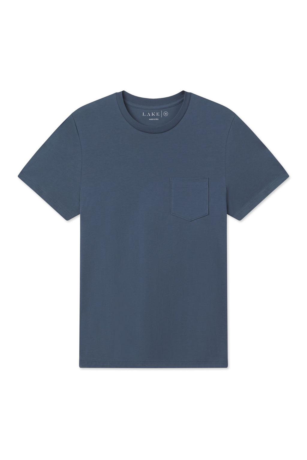 The Mens Harbor Tee in Sea Depth is a soft cotton-jersey, short-sleeved crew-neck shirt in muted blue, featuring a small left chest pocket. Laid flat on a white background.