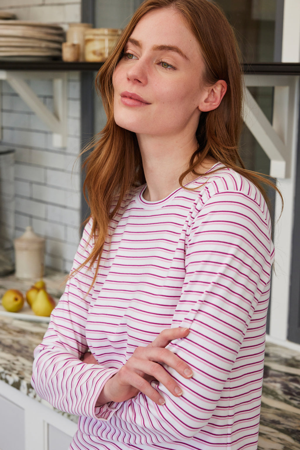 Pima Crew Long-Long Set in Dahlia Double Stripe - Main Image 3