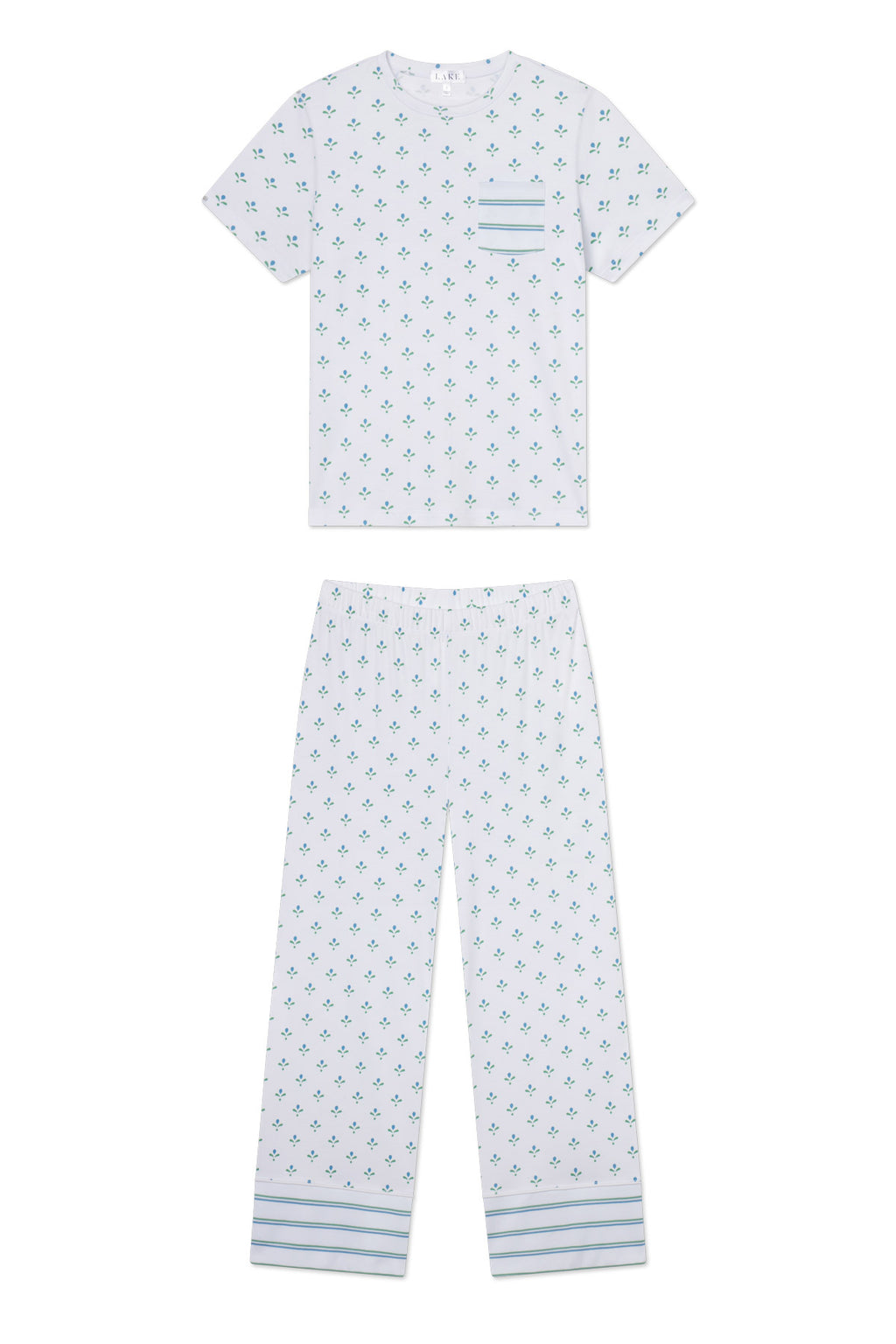 The Pima Crew Wide Leg Pajama Set in Serene Blue Multi Blossom features soft Pima cotton, a short-sleeve top with striped chest pocket, and long pants with blue striped cuffs in a delicate blue and green floral pattern.