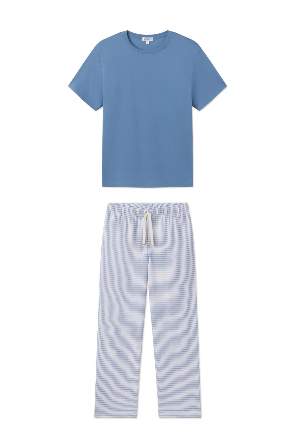 The Mens Pima Sleep Short-Long Set in Mystic Blue Multi Bar Stripe features a short-sleeve t-shirt and light blue striped drawstring pants, both made from 100% Pima cotton, shown laid flat on a white background.