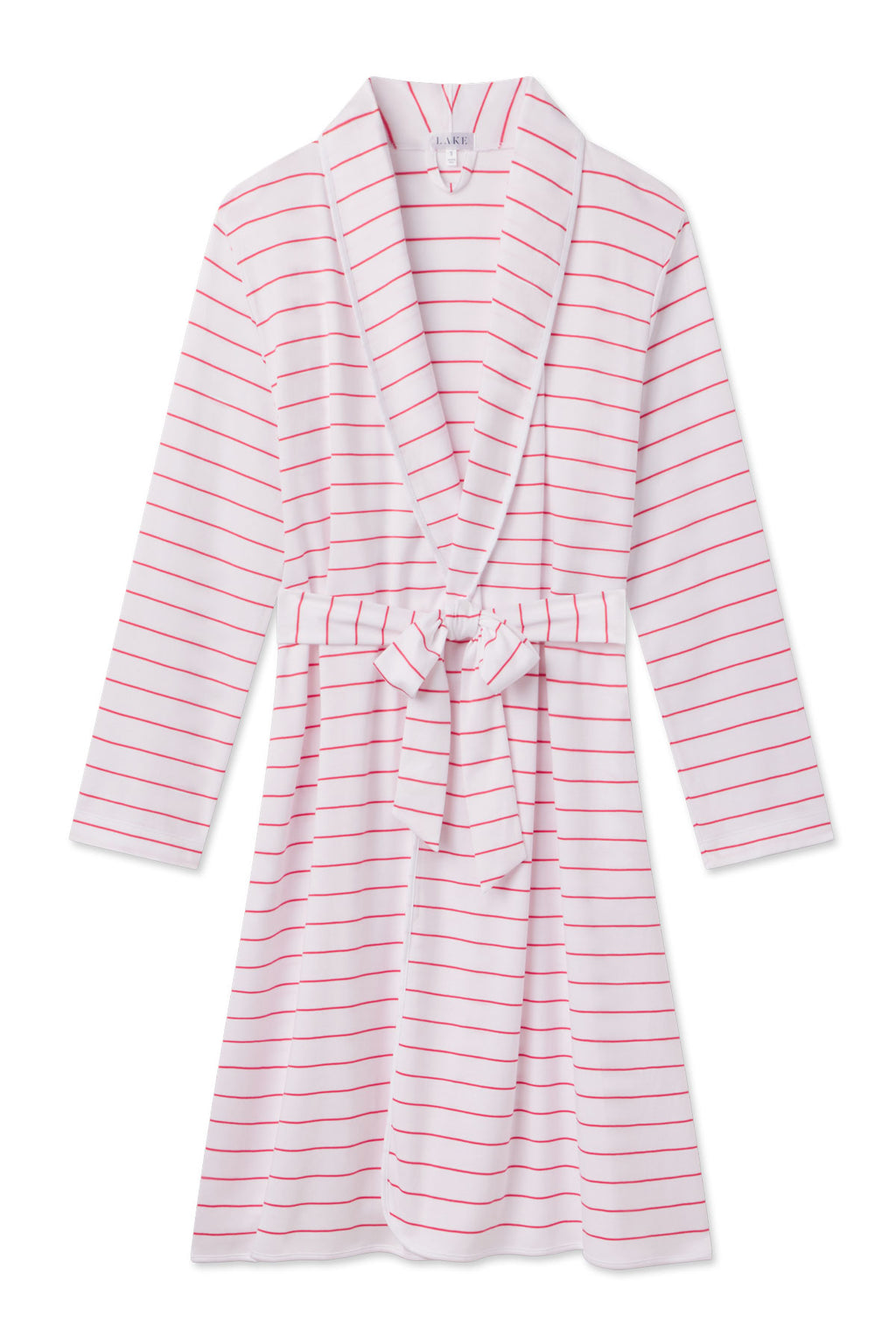 The Pima Robe in Geranium Boating Stripe is a knee-length, long-sleeve robe with thin pink horizontal stripes, a shawl collar, and a matching fabric belt at the waist.