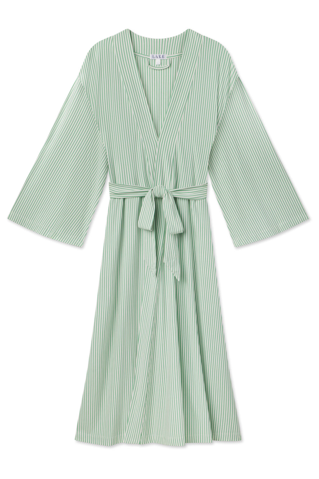 The DreamModal Kimono Robe in Clover Leaf Pencil Stripe features light green and white stripes, wide sleeves, a V-neckline, and a matching fabric belt at the waist. Crafted from soft Modal and shown flat on a white background.