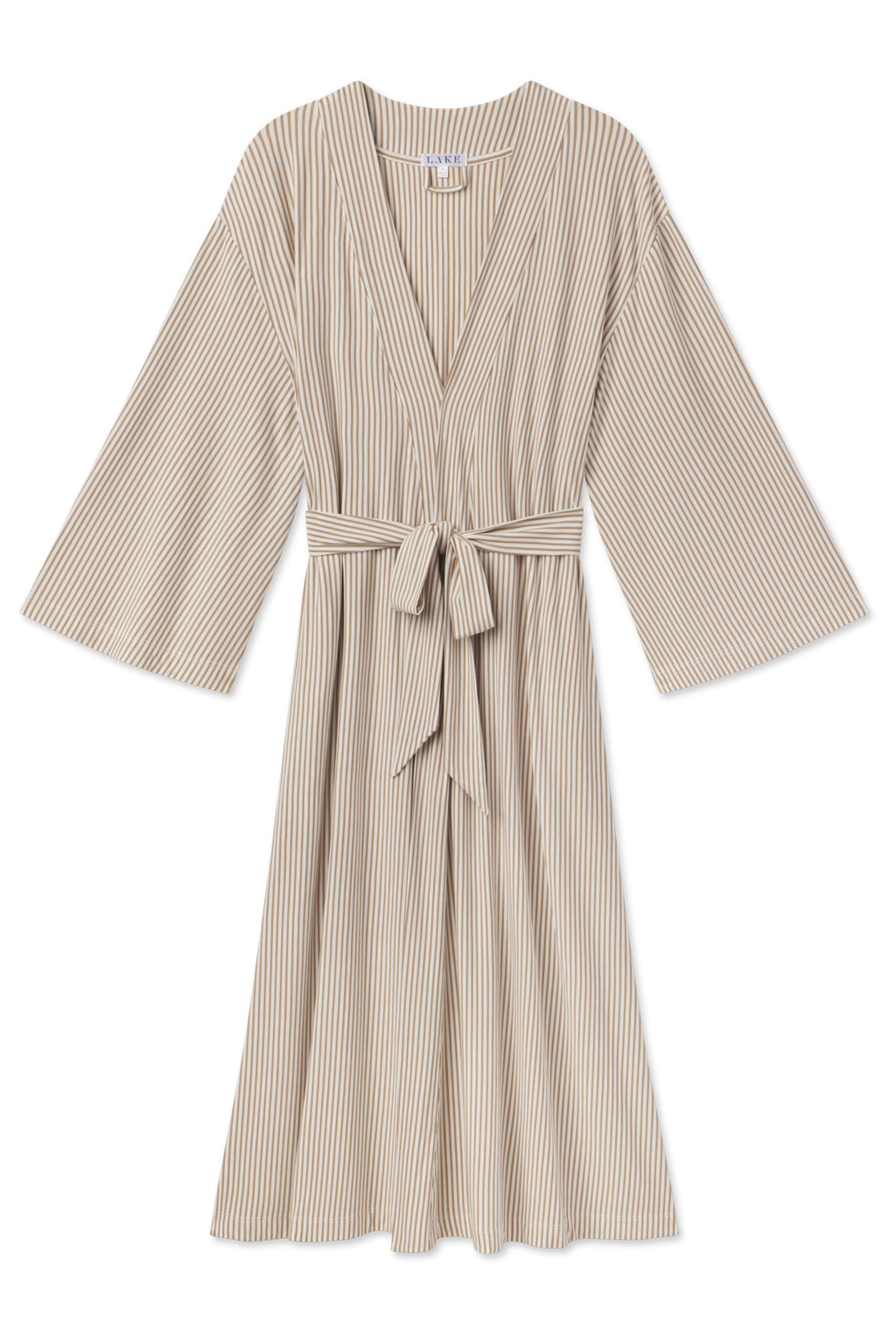 The DreamModal Kimono Robe in Sandstone Pencil Stripe features thin vertical white stripes on beige, wide three-quarter sleeves, a V-neckline, and a matching fabric belt at the waist.