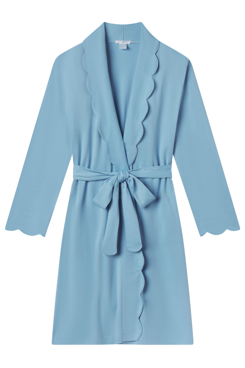 The Pima Scallop Robe in Serene Blue is crafted from 100% Pima cotton with scalloped edges on the collar, sleeves, and hem, and features a matching sash belt at the waist.