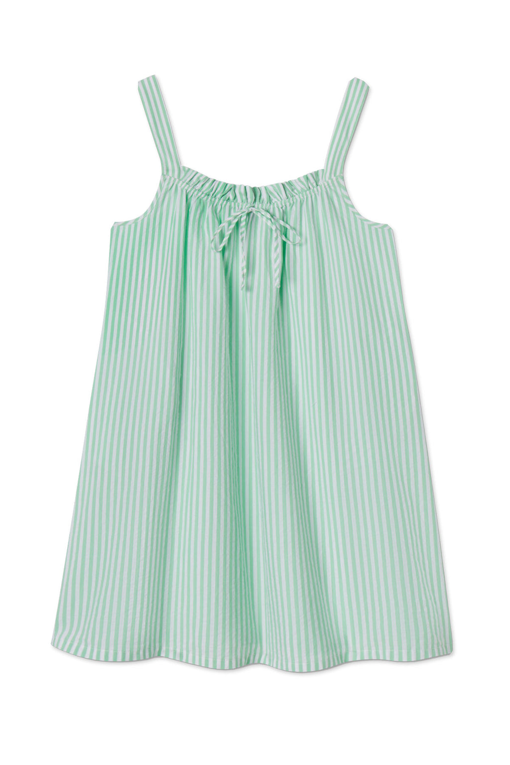 The Alice Nightgown in Clover Leaf Seersucker is sleeveless, knee-length, with light green and white stripes, thin shoulder straps, a gathered neckline, and a front bow tie.