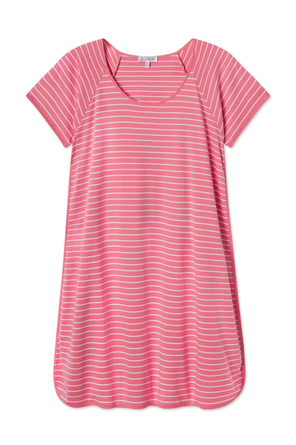 The Pima Nightgown in Sunkissed Coral Rowing Stripe features short sleeves, a loose fit, thin white stripes on pink, a rounded neckline, and is made from 100% Pima cotton. Displayed on a white background.