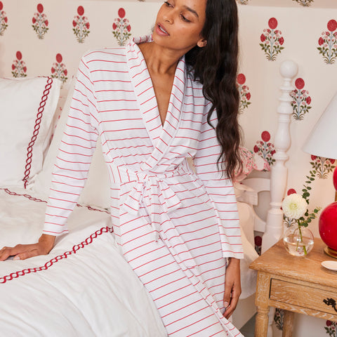 LAKE Women Pima Cotton Pajamas Geranium Boating Stripe Pima Robe