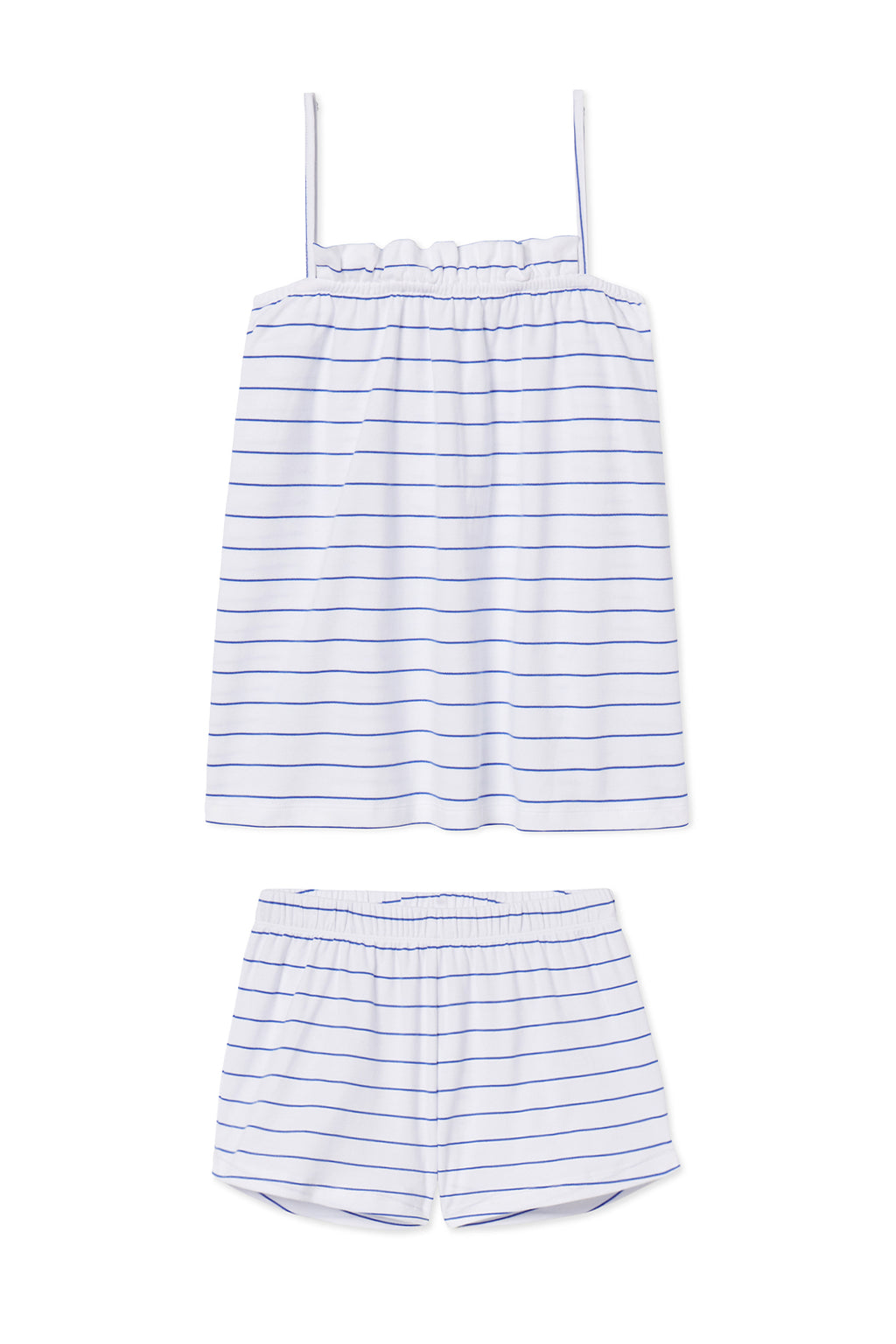 The Pima Ruffle Shorts Set in Cobalt features a sleeveless, spaghetti-strap top and elastic-waist ruffle shorts, both in white with thin cobalt blue stripes, crafted from soft Pima cotton for comfort.