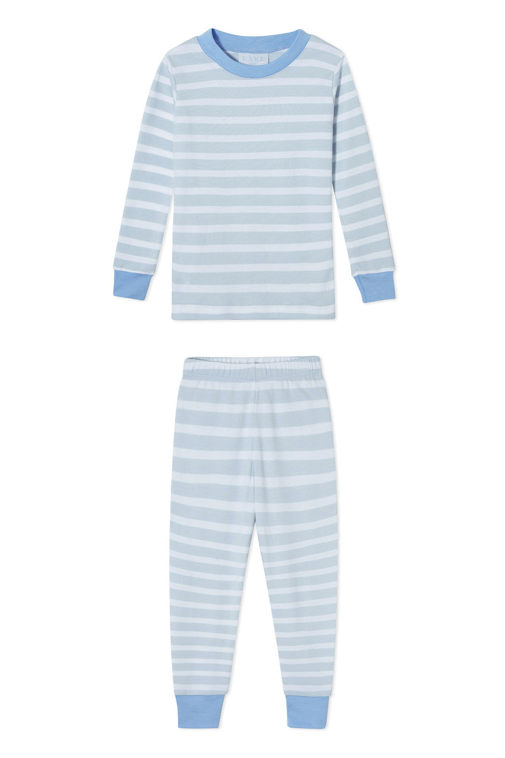 The Kids Long-Long Set in Seaside is a two-piece Pima cotton set with light blue and white stripes, featuring solid blue cuffs and a snug neckline. Includes a long-sleeve top and pants, displayed flat on a white background.