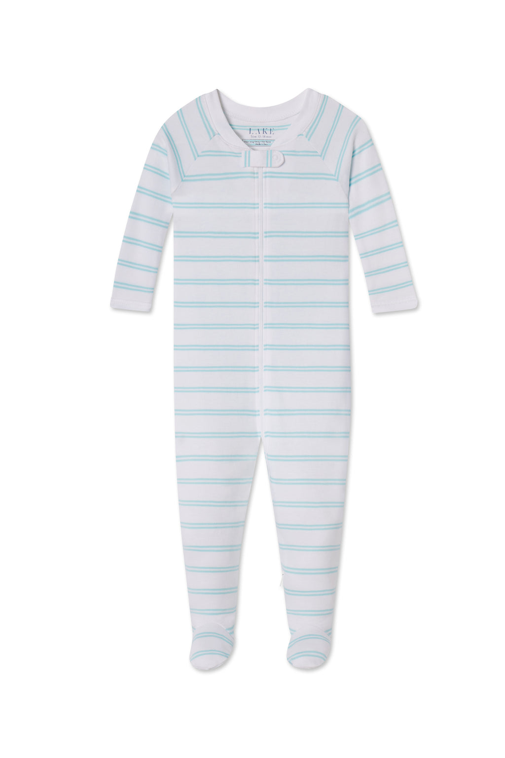 The Baby Sleeper in Beach Club Tidal Stripe is a white long-sleeve onesie with covered feet, thin turquoise double stripes, and a dual zipper. Made from 100% Pima cotton for extra softness.