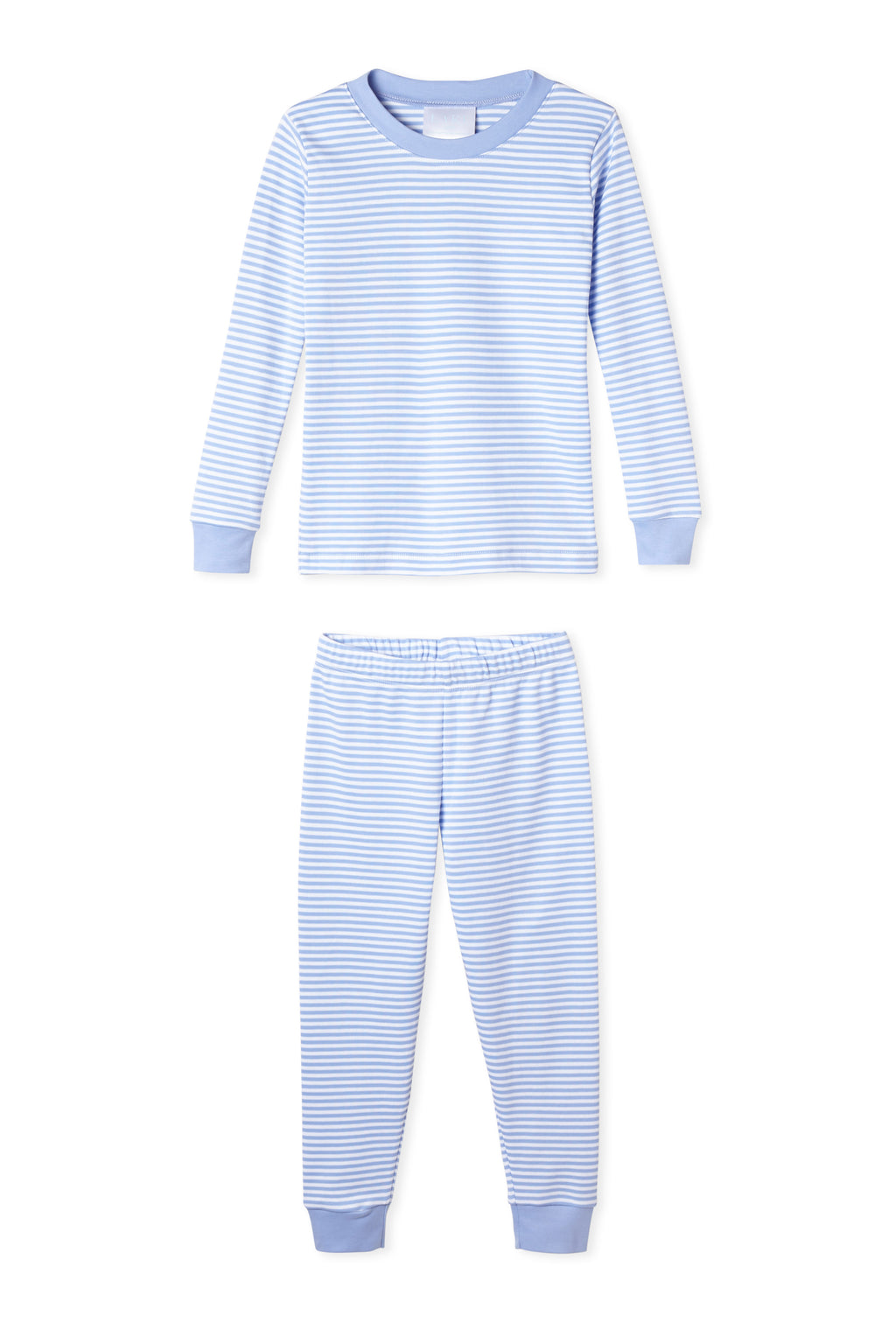 The Kids Long-Long Set in Hydrangea features children’s pajamas with light blue and white stripes, crafted from soft Pima cotton. Includes a long-sleeve top and pants with solid light blue cuffs and collar.