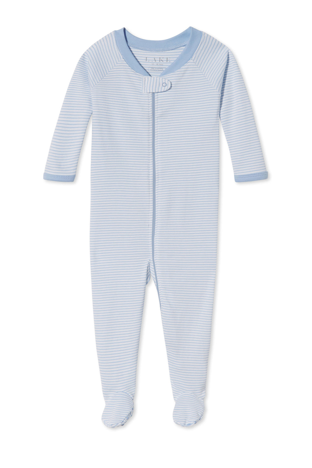 The Baby Sleeper in French Blue is a light blue, long-sleeve footed sleeper with fine white stripes, made from hypoallergenic Pima cotton and features a zipper closure from neckline to left ankle.