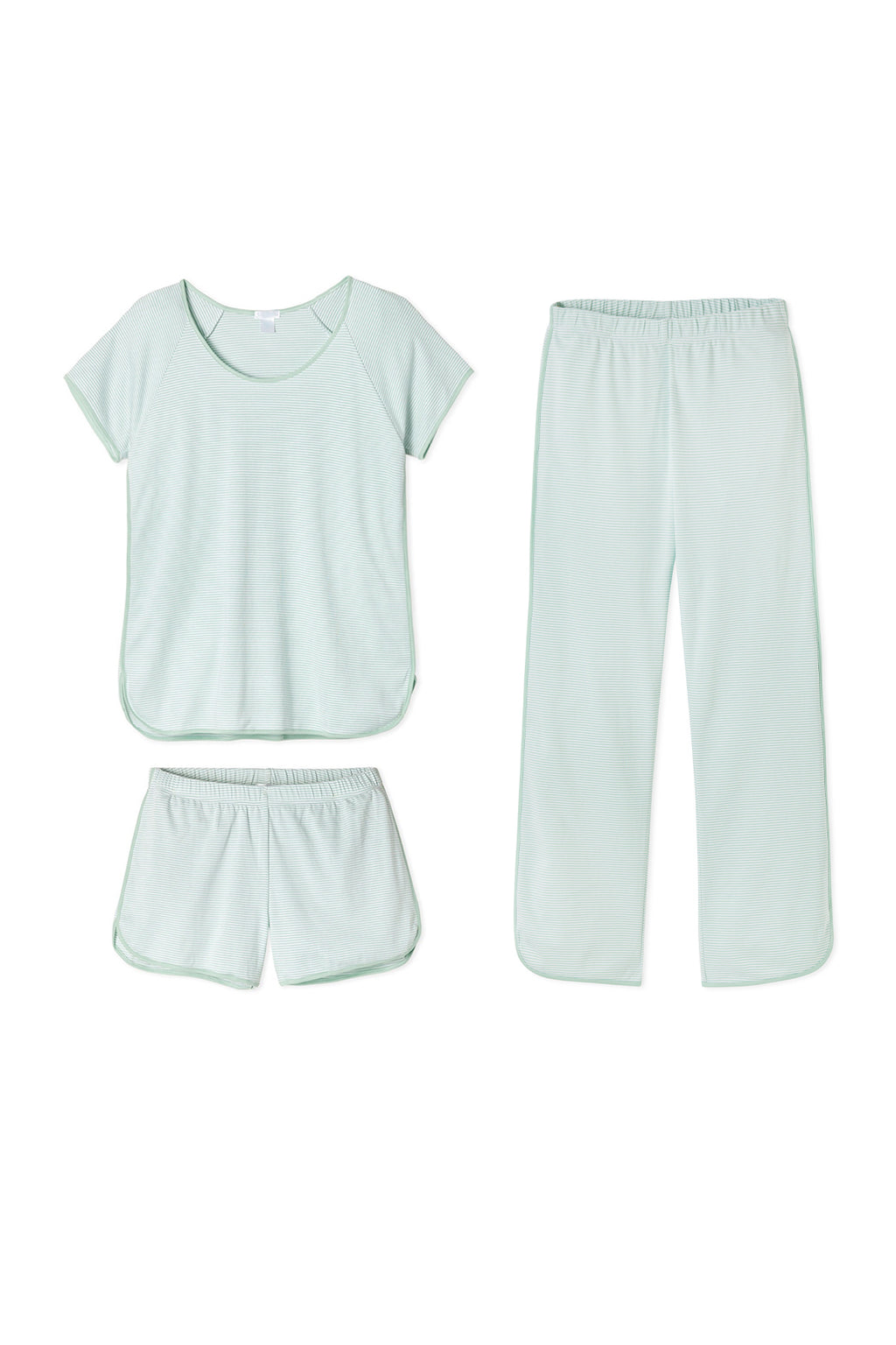 Pima Bundle in Parisian Green: a three-piece pajama set made from 100% Pima cotton, including a short sleeve top, elastic waist shorts, and long pants—all shown laid flat against a white background.