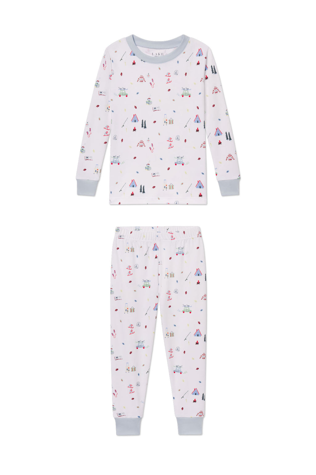The Kids Long-Long Set in Alpine Adventure is crafted from soft Pima cotton with a white base, colorful skiing and winter sports prints, and light blue cuffs on the sleeves, pants, and collar.