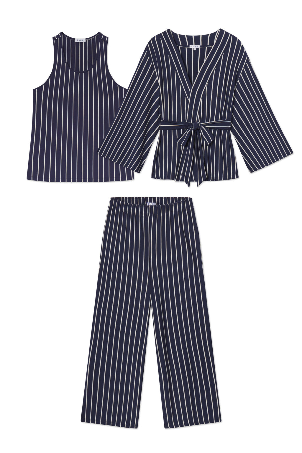 Navy vertical striped sleeveless tank top, kimono-style jacket with tie waist, and wide-leg pants displayed as a three-piece 