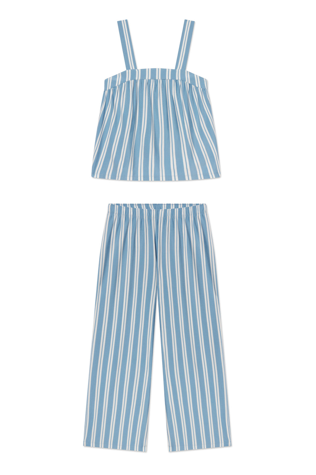 The DreamModal Daydream Pants Set in Serene Blue Stripe features a matching sleeveless, square-neck top and wide-leg, elastic-waist pants, displayed flat on a white background.