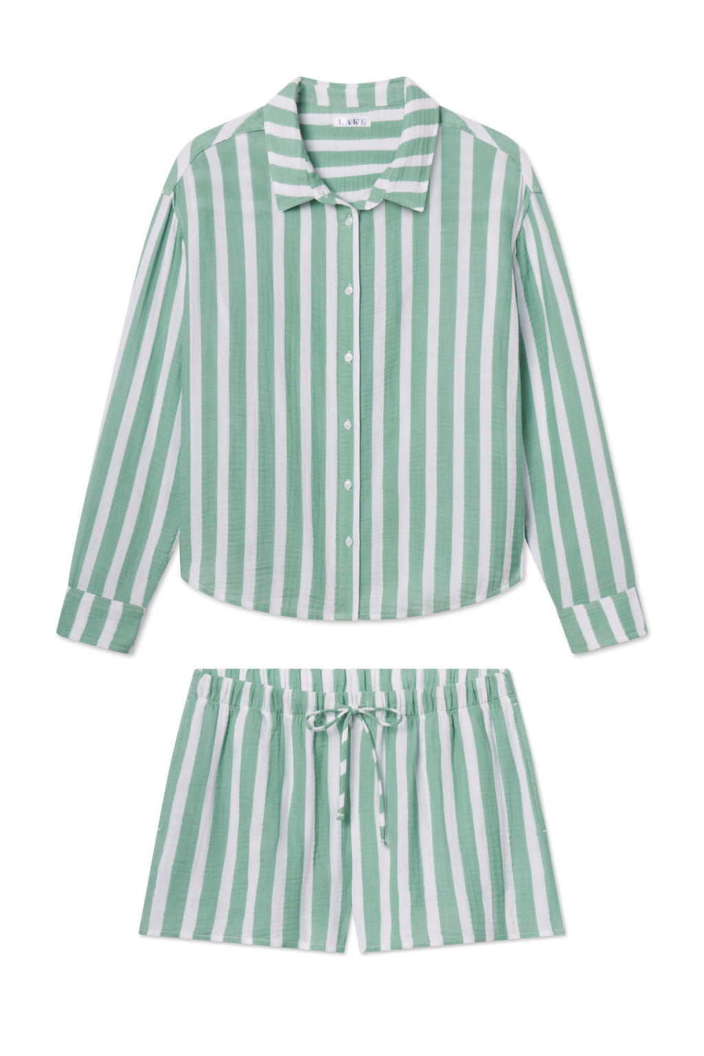 The Nantucket Shorts Set in Granite Green Sail Stripe includes a long-sleeved button-up shirt and drawstring shorts, made from soft cotton gauze for maximum comfort.