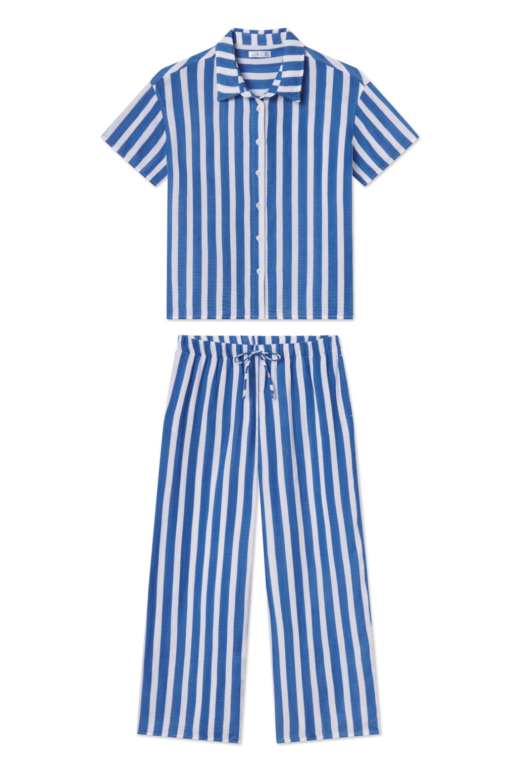 Nantucket Pants Set in Seaport Sail Stripe features a short-sleeve button-up shirt and matching drawstring pants, both crafted from breathable cotton gauze.