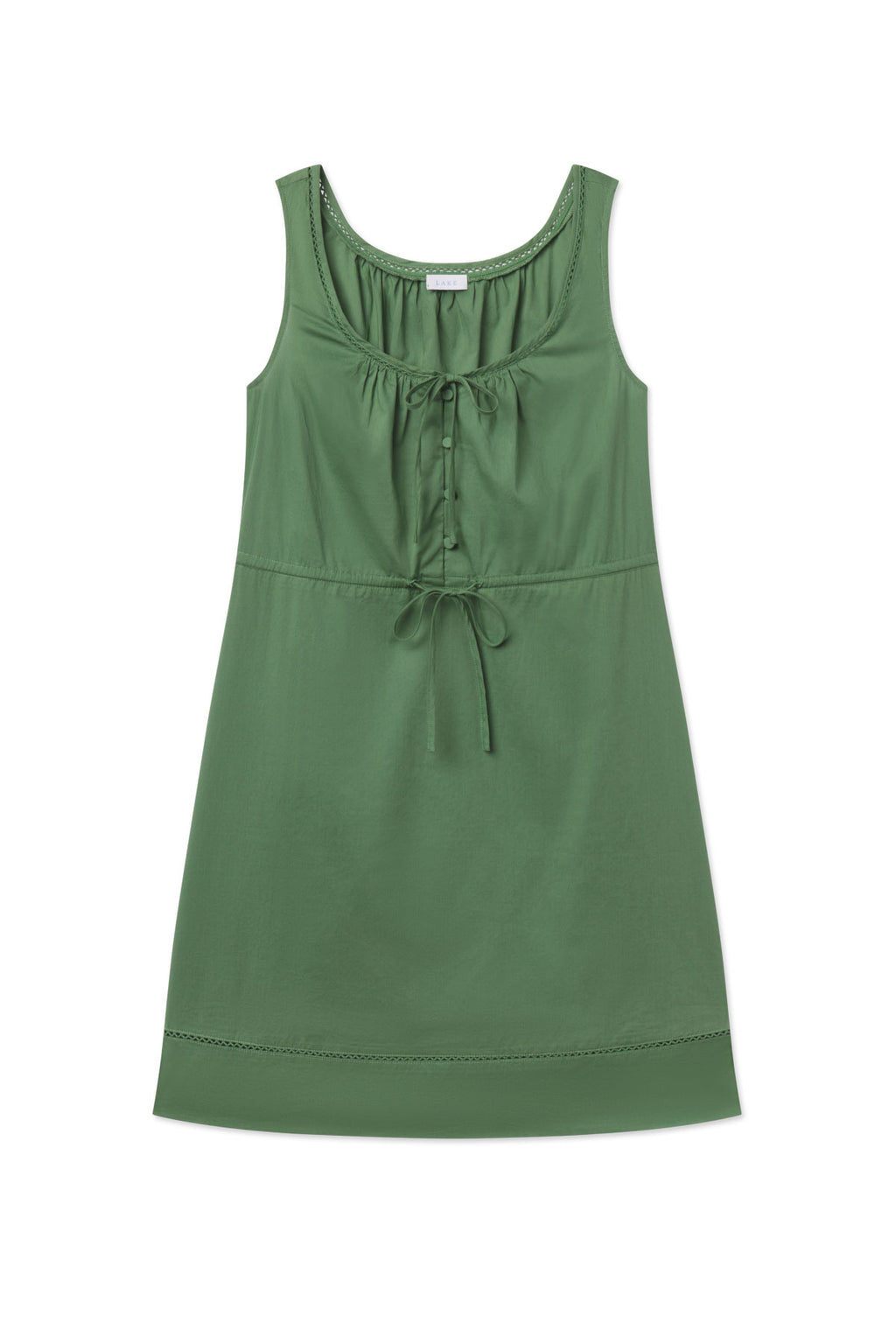 Green sleeveless tank gown with scoop neckline, drawstring closures at chest and waist, and decorative stitching at hem.