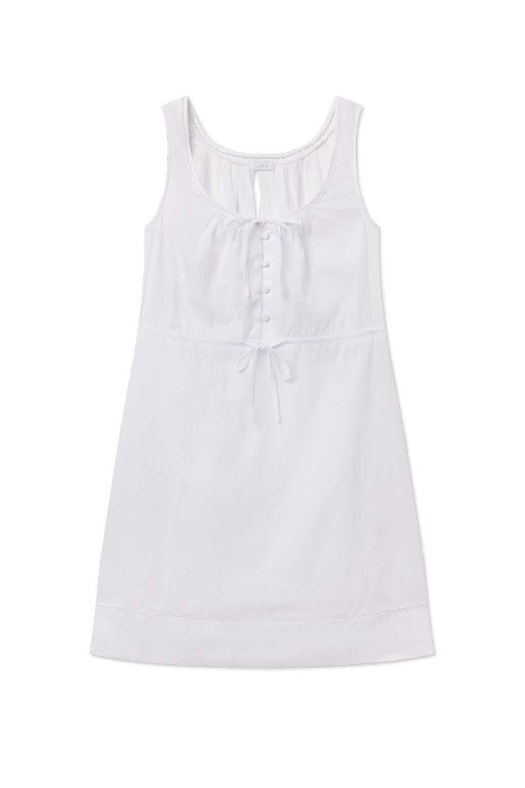 White sleeveless tank gown with button front closure and tie waist detail.