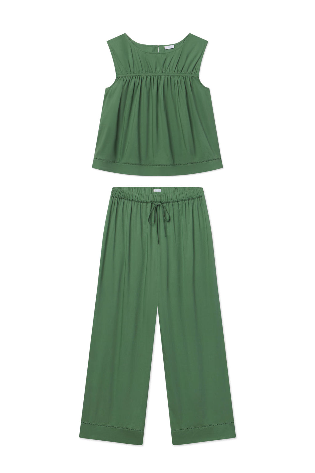 Green sleeveless tank top with gathered waist and matching wide-leg pants with drawstring waist.