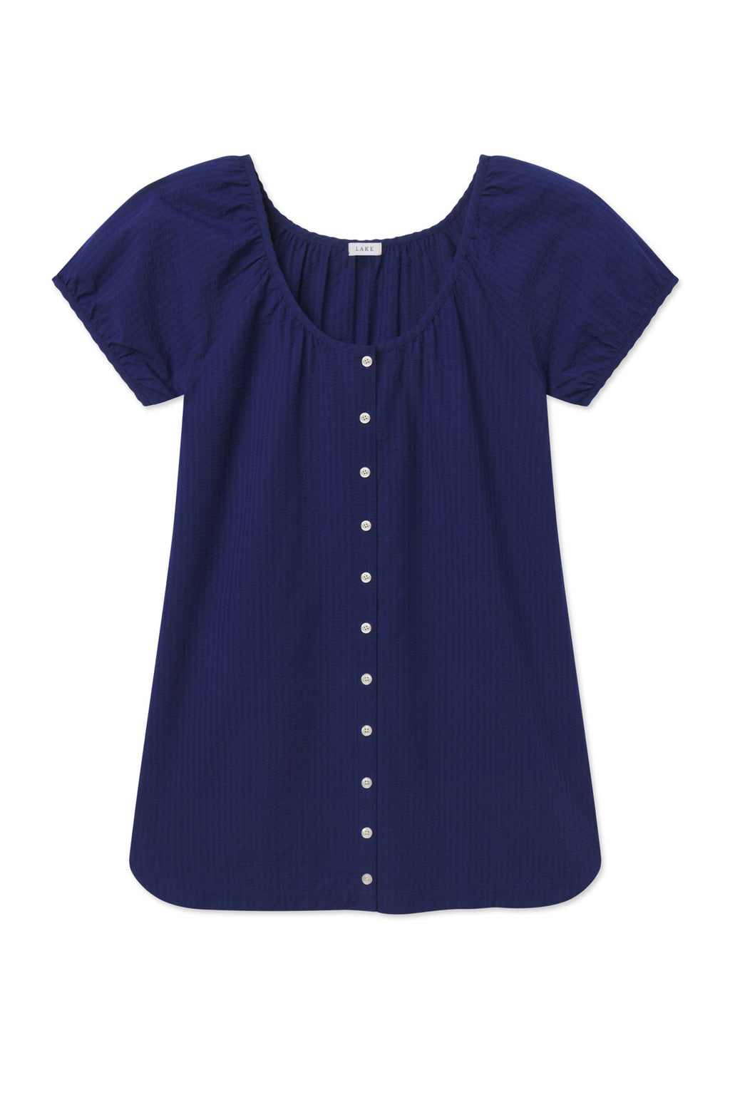 Dark blue seersucker nightgown with puffed short sleeves, scoop neckline, and white button front closure.