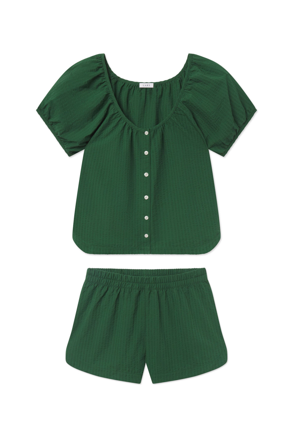 Green seersucker shorts set with puff sleeves, button-front top, and elastic-waist shorts.