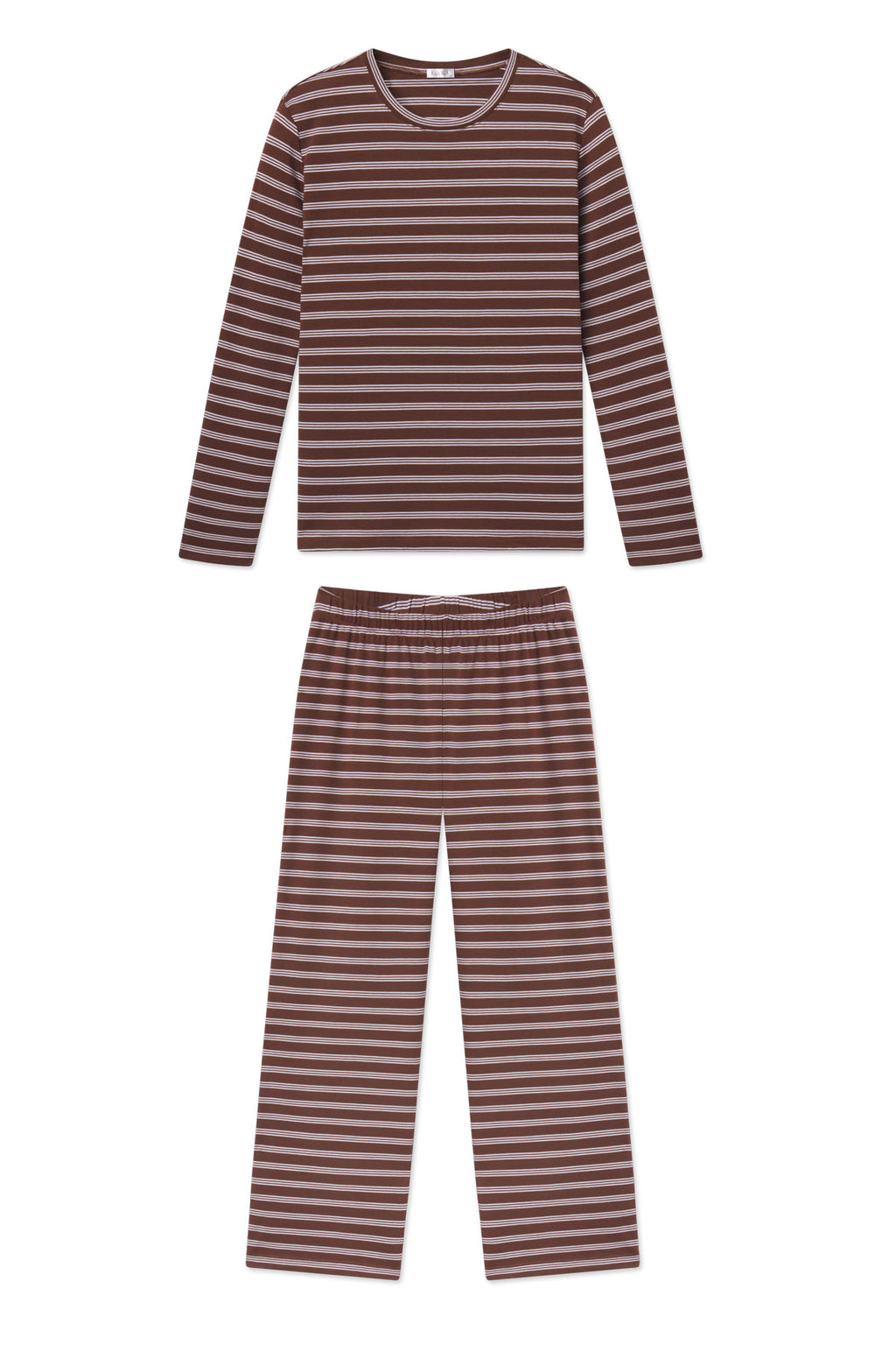 Cocoa brown long-sleeve crew neck top and matching pajama pants with horizontal stripes in white and tan.