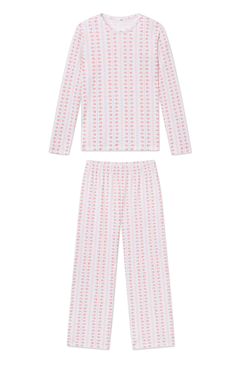 Long-sleeved crew neck top and matching pants in light pink with small floral print pattern.
