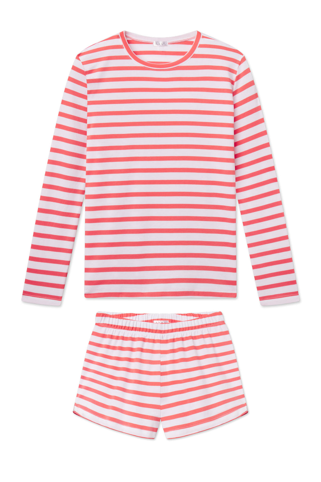Long-sleeve striped crew neck shirt and matching shorts in coral and white horizontal stripes.