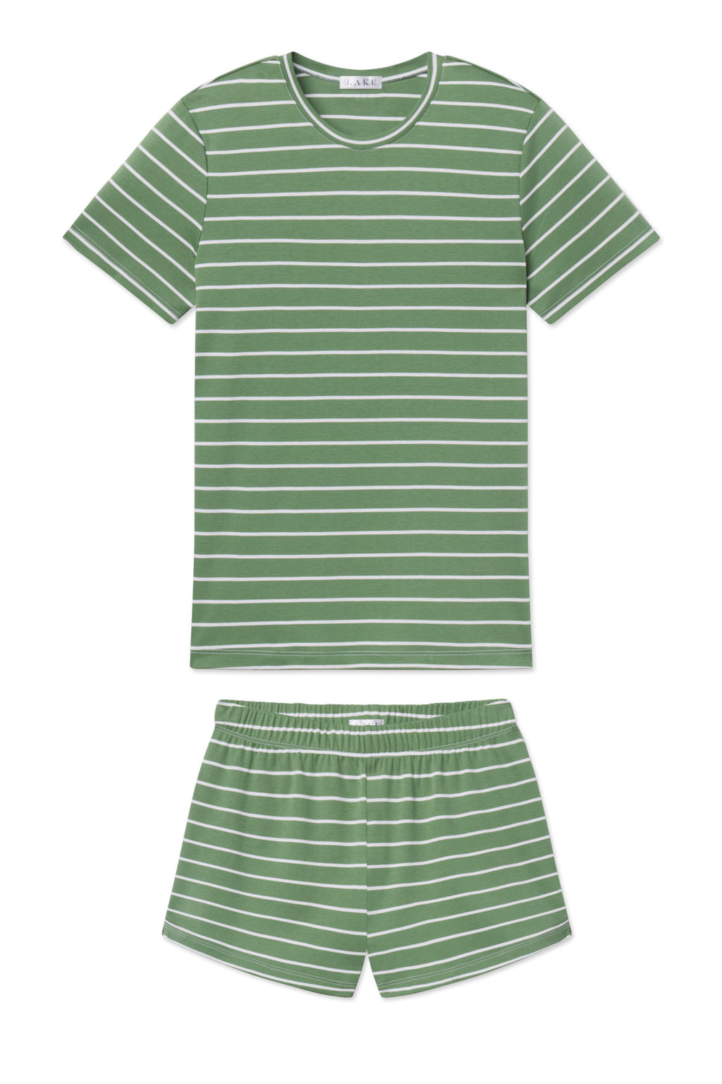 Green and white striped crew neck t-shirt and matching shorts set laid flat.