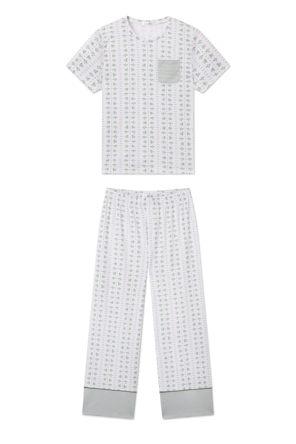 Pima cotton crew neck pajama set with green floral print and striped trim on short-sleeve top and wide-leg pants.