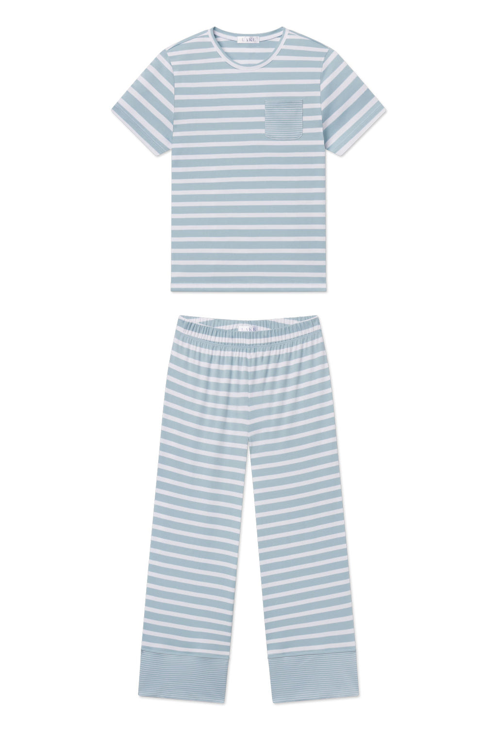 Blue and white striped short-sleeve crew neck pajama top with chest pocket and matching wide-leg striped pants.