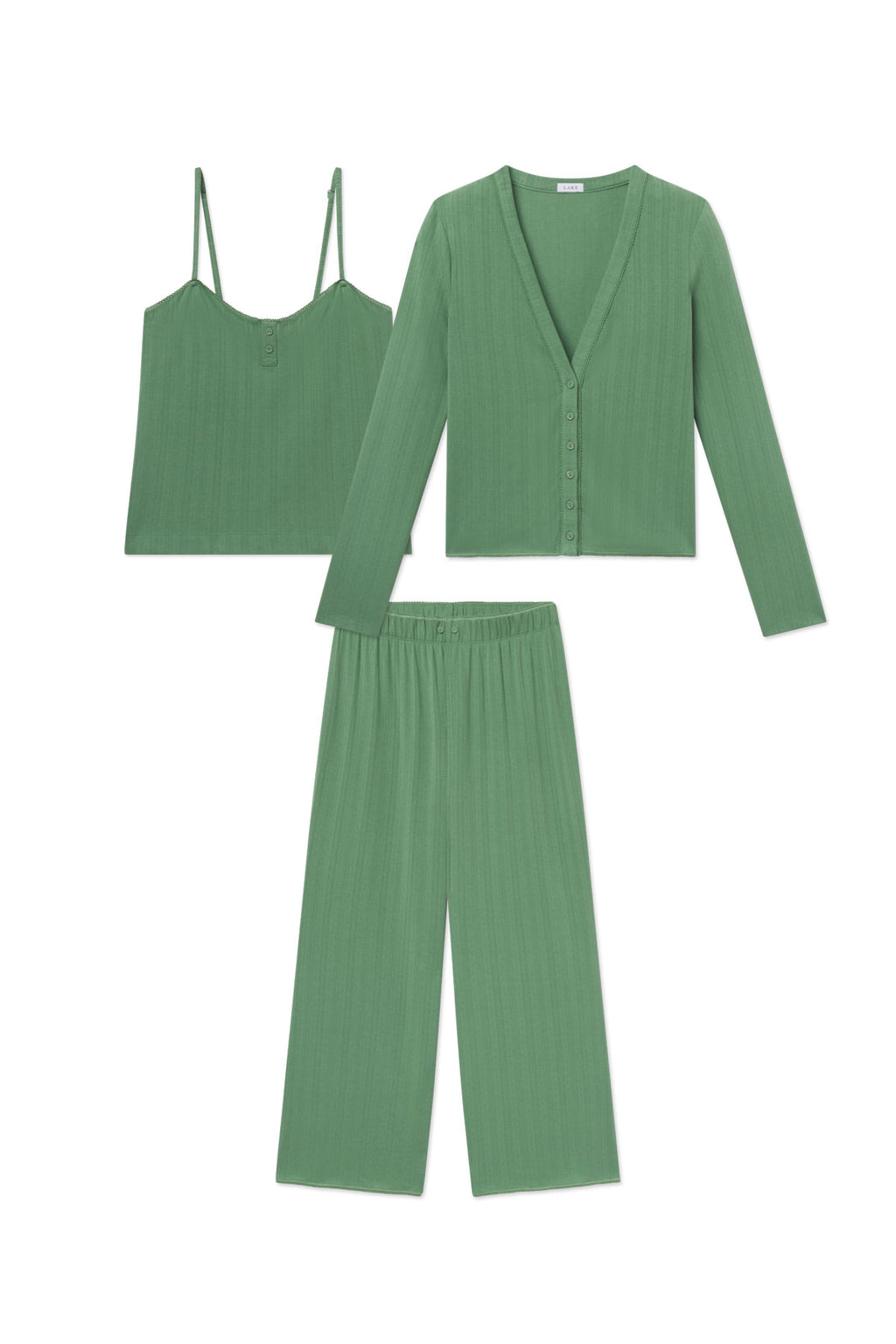 Three-piece set in sage green consisting of a button-front cardigan, camisole tank top, and wide-leg pants with ribbed textur